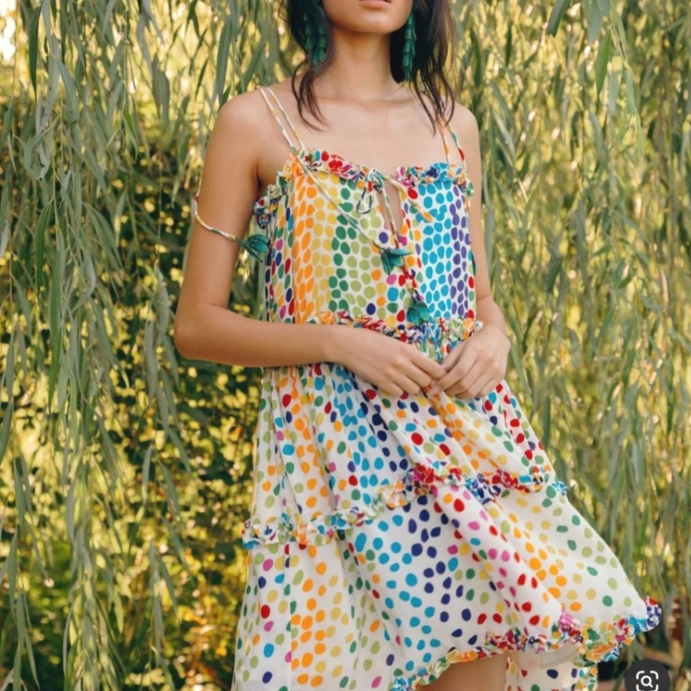 Silk Rainbow Polka Dot Ruffle Babydoll Slip Dress - All Things Mochi - Picture 1 of 9
